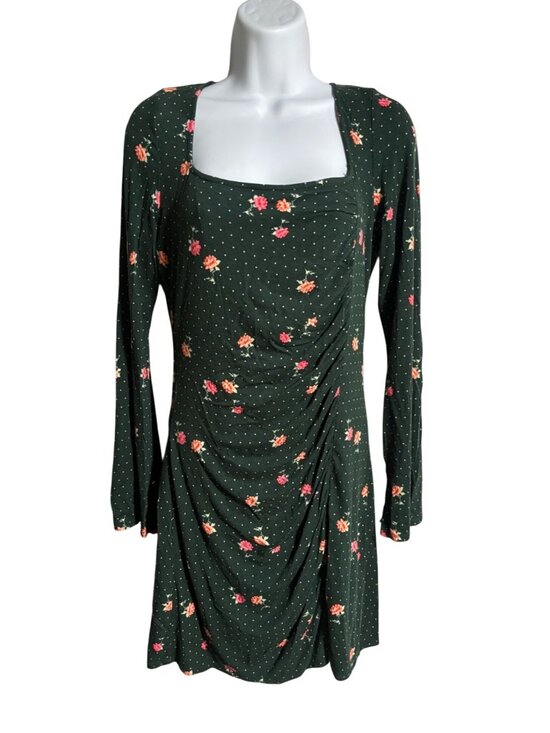 Free People Dresses & Skirts - Free People Celia Mini Dress Size S Emerald Jewel Floral Polka Dot Print Ruched
